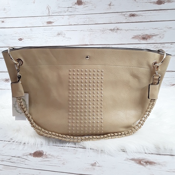 Simple Feather Boutique Handbags - Vegan Leather Tan Studded Handbag Purse